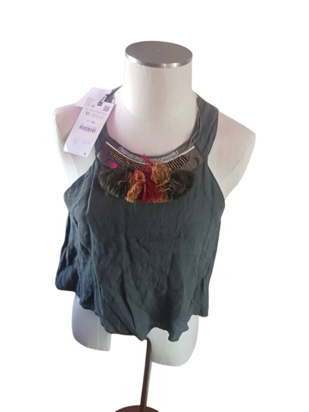 New with tags Zara linen statement collar moss green medium